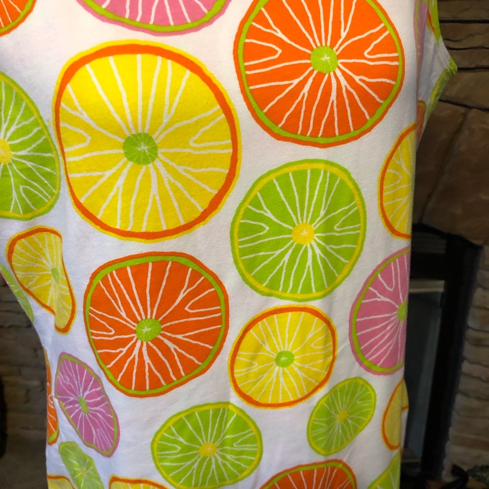 Sleeveless Citrus Print Shift Dress - White with Orange, Green & Pink - Picture 2 of 8